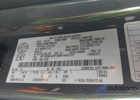 2021 Ford F-150 Lariat из США, поврежденный, VIN 1FTEW1EP3MFA95737